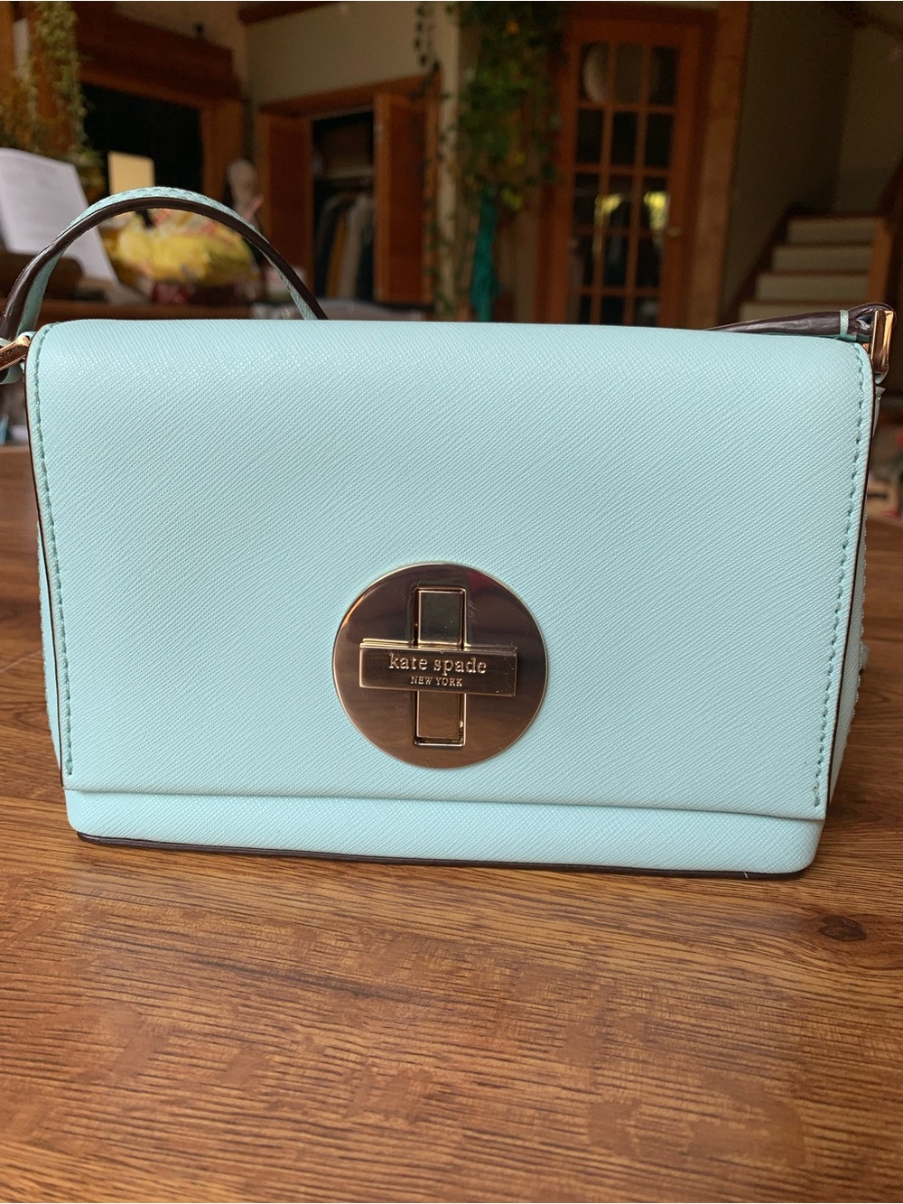 Kate Spade Mini Mint light Blue Leather Crossbody with Turn-Lock